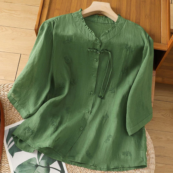Buddha Stones Casual Embroidered Flowers Button Three Quarter Sleeve Cotton Women's Shirt