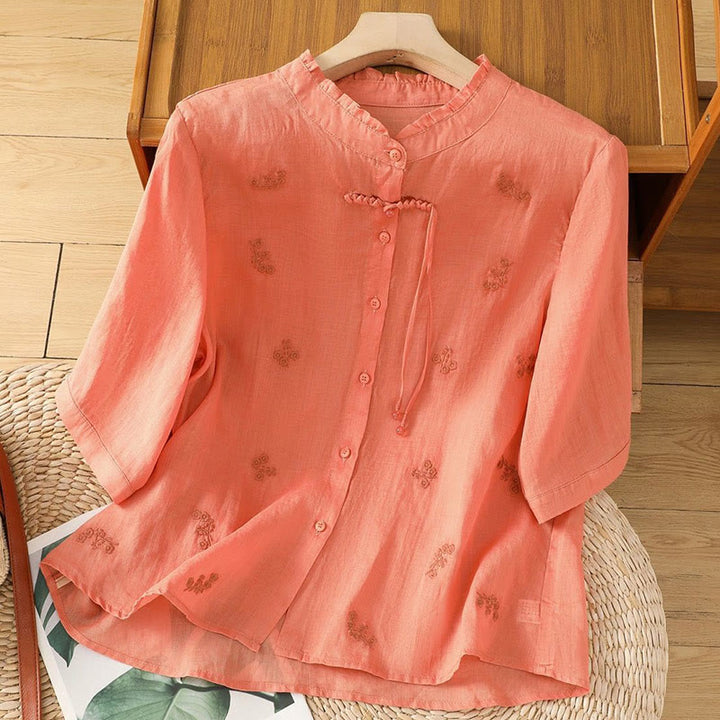 Buddha Stones Casual Embroidered Flowers Button Three Quarter Sleeve Cotton Women's Shirt