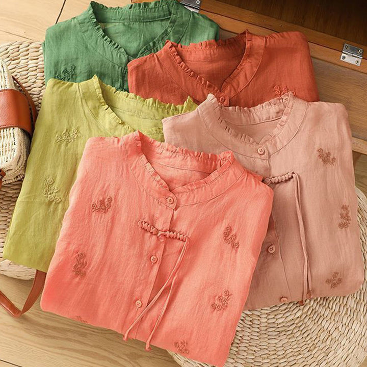 Buddha Stones Casual Embroidered Flowers Button Three Quarter Sleeve Cotton Women's Shirt