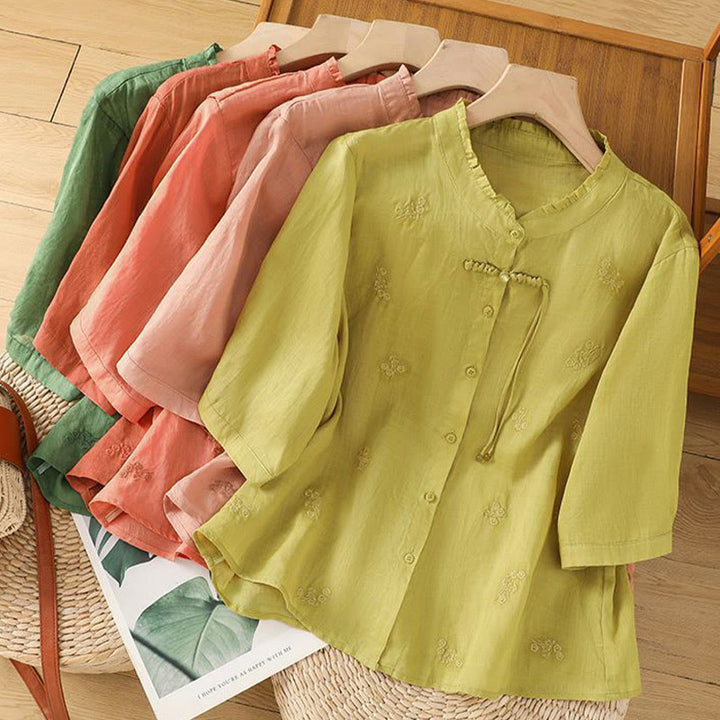 Buddha Stones Casual Embroidered Flowers Button Three Quarter Sleeve Cotton Women's Shirt
