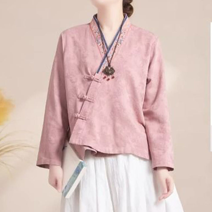 Buddha Stones Embroidered Flowers Grass Frog-Button Long Sleeve Cotton Women's Shirt