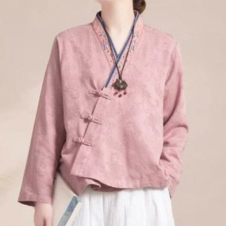 Buddha Stones Embroidered Flowers Grass Frog-Button Long Sleeve Cotton Women's Shirt