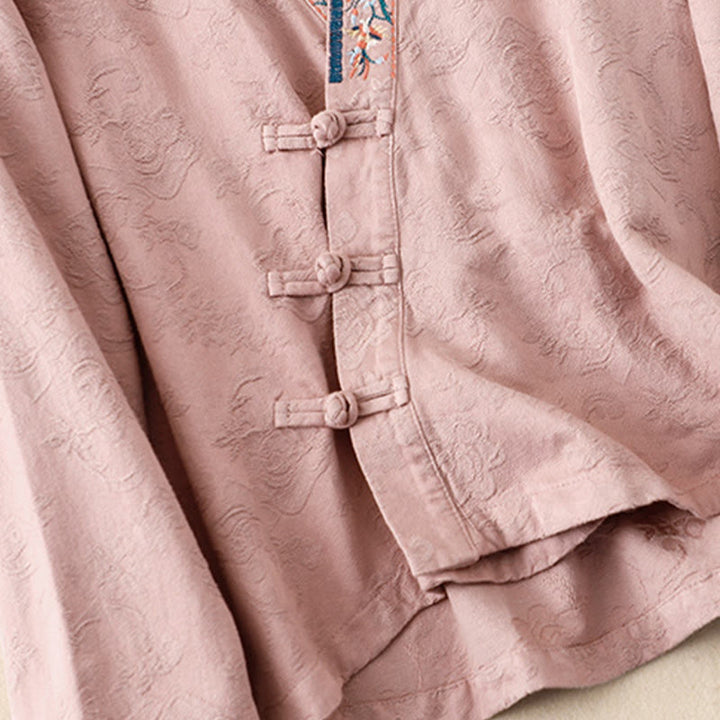 Buddha Stones Embroidered Flowers Grass Frog-Button Long Sleeve Cotton Women's Shirt - image 11