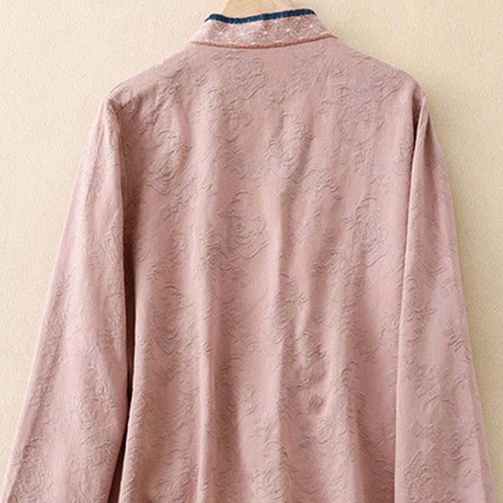 Buddha Stones Embroidered Flowers Grass Frog-Button Long Sleeve Cotton Women's Shirt