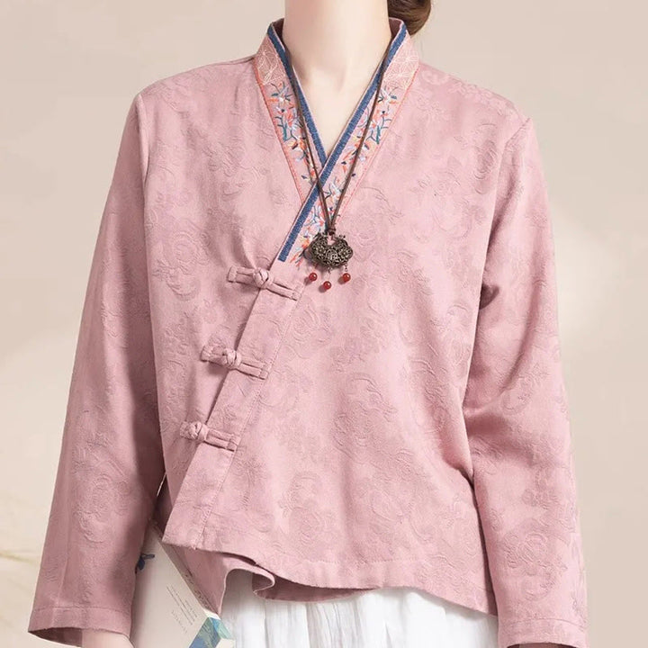 Buddha Stones Embroidered Flowers Grass Frog-Button Long Sleeve Cotton Women's Shirt