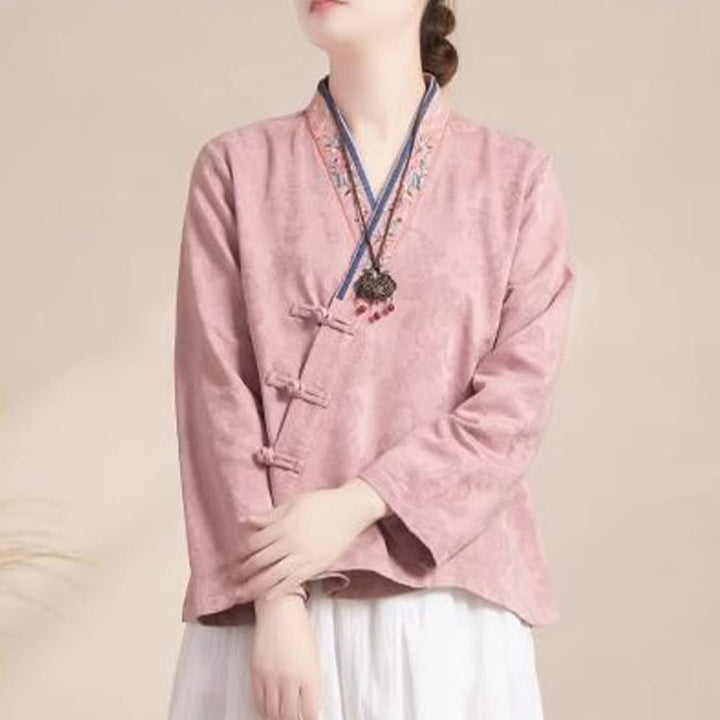 Buddha Stones Embroidered Flowers Grass Frog-Button Long Sleeve Cotton Women's Shirt