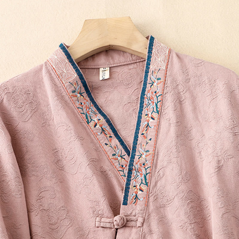 Buddha Stones Embroidered Flowers Grass Frog-Button Long Sleeve Cotton Women's Shirt