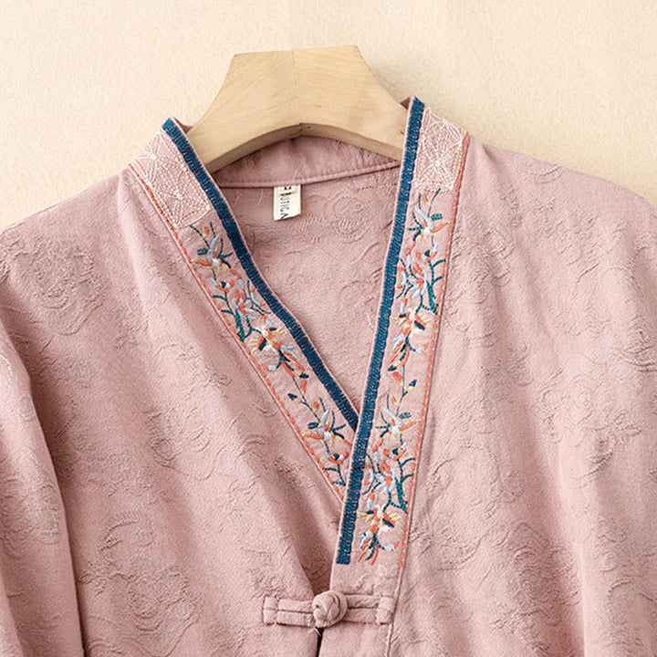 Buddha Stones Embroidered Flowers Grass Frog-Button Long Sleeve Cotton Women's Shirt