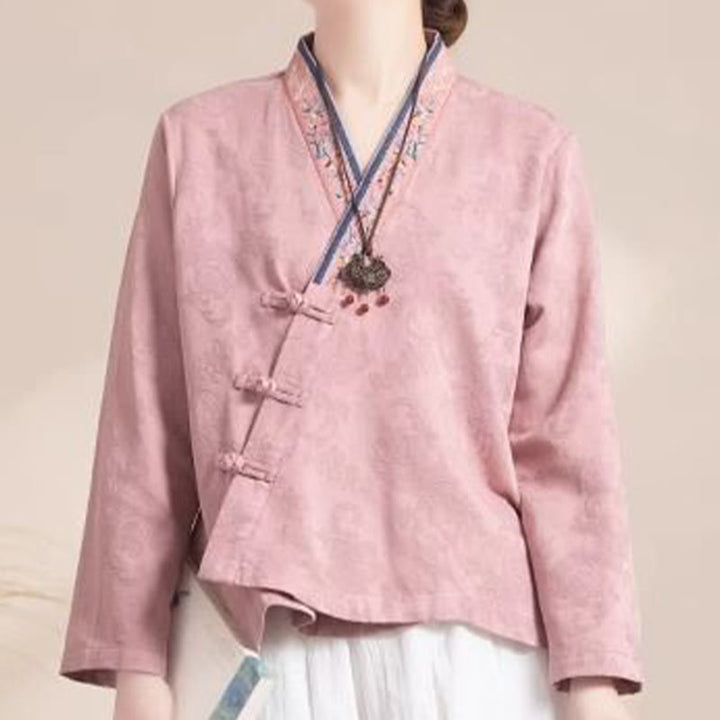 Buddha Stones Embroidered Flowers Grass Frog-Button Long Sleeve Cotton Women's Shirt
