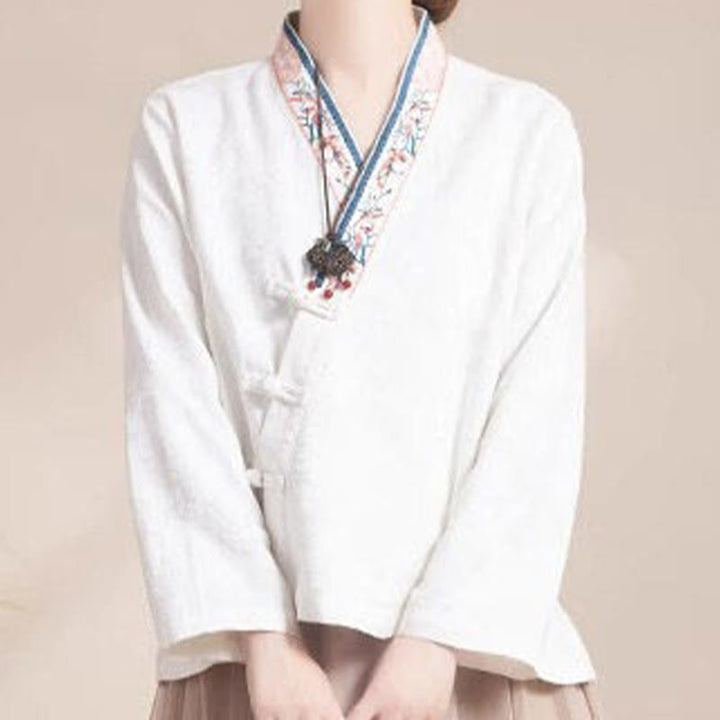 Buddha Stones Embroidered Flowers Grass Frog-Button Long Sleeve Cotton Women's Shirt