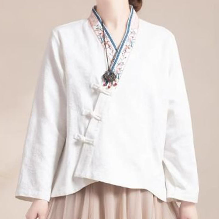 Buddha Stones Embroidered Flowers Grass Frog-Button Long Sleeve Cotton Women's Shirt
