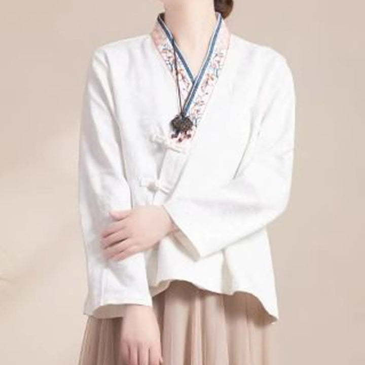 Buddha Stones Embroidered Flowers Grass Frog-Button Long Sleeve Cotton Women's Shirt