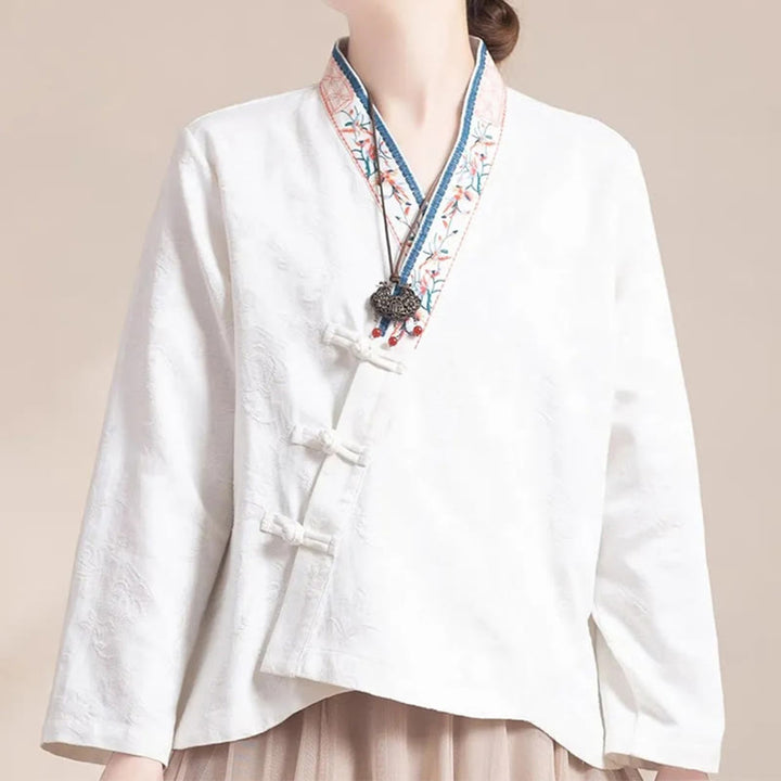 Buddha Stones Embroidered Flowers Grass Frog-Button Long Sleeve Cotton Women's Shirt