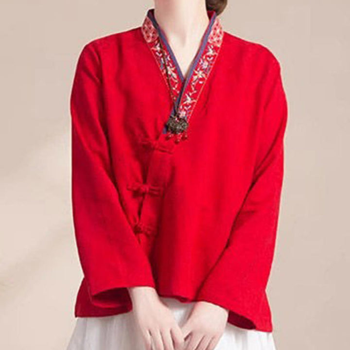 Buddha Stones Embroidered Flowers Grass Frog-Button Long Sleeve Cotton Women's Shirt