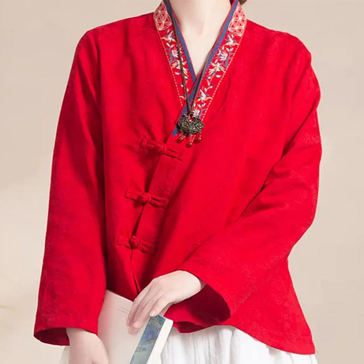 Buddha Stones Embroidered Flowers Grass Frog-Button Long Sleeve Cotton Women's Shirt