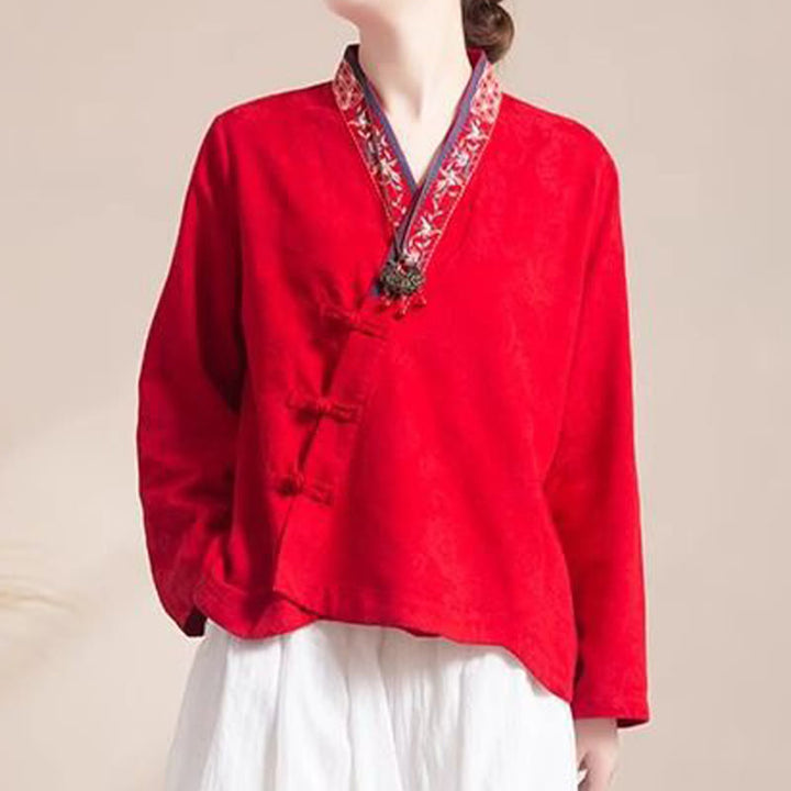 Buddha Stones Embroidered Flowers Grass Frog-Button Long Sleeve Cotton Women's Shirt