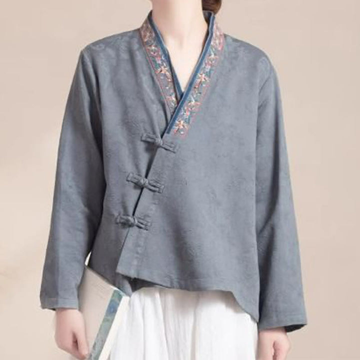 Buddha Stones Embroidered Flowers Grass Frog-Button Long Sleeve Cotton Women's Shirt
