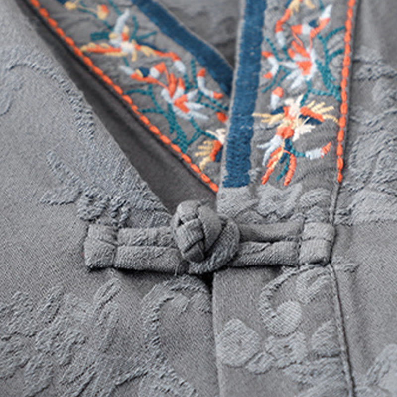 Buddha Stones Embroidered Flowers Grass Frog-Button Long Sleeve Cotton Women's Shirt