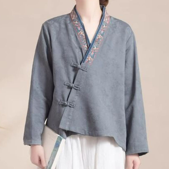 Buddha Stones Embroidered Flowers Grass Frog-Button Long Sleeve Cotton Women's Shirt