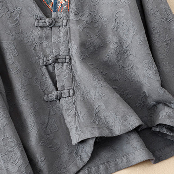 Buddha Stones Embroidered Flowers Grass Frog-Button Long Sleeve Cotton Women's Shirt