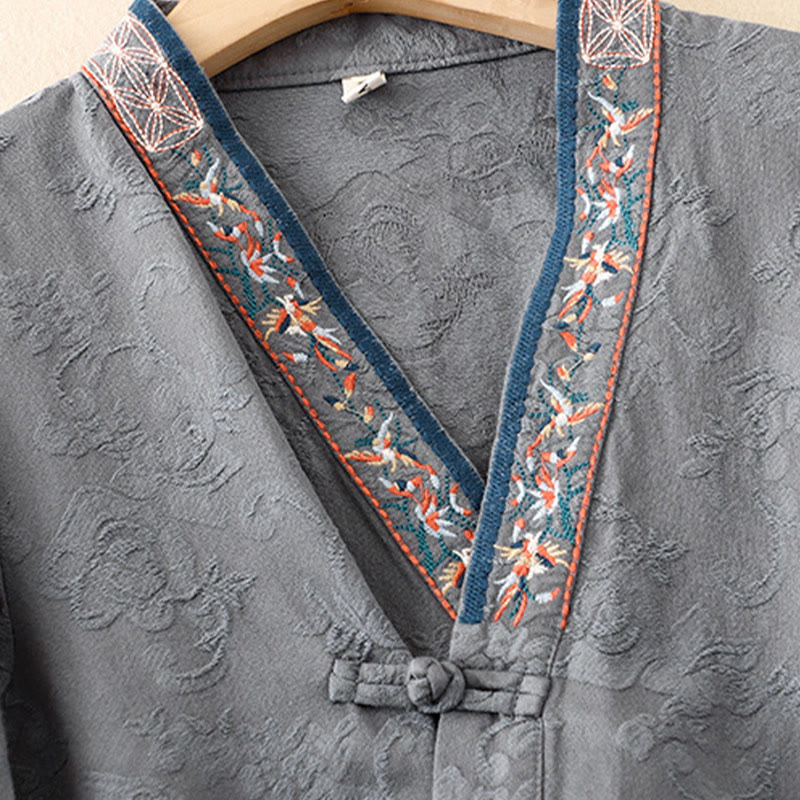 Buddha Stones Embroidered Flowers Grass Frog-Button Long Sleeve Cotton Women's Shirt