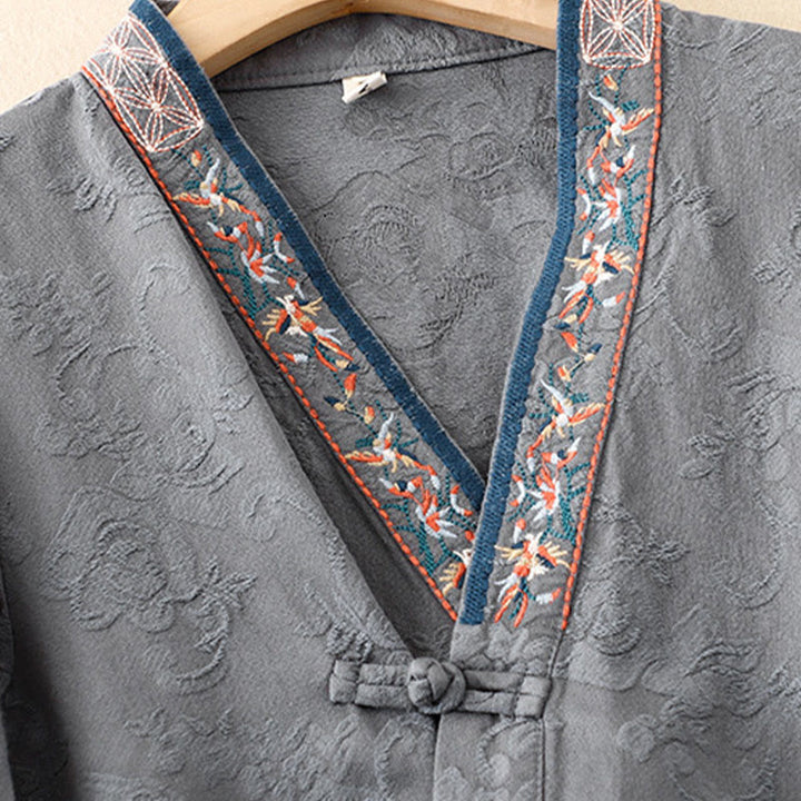 Buddha Stones Embroidered Flowers Grass Frog-Button Long Sleeve Cotton Women's Shirt