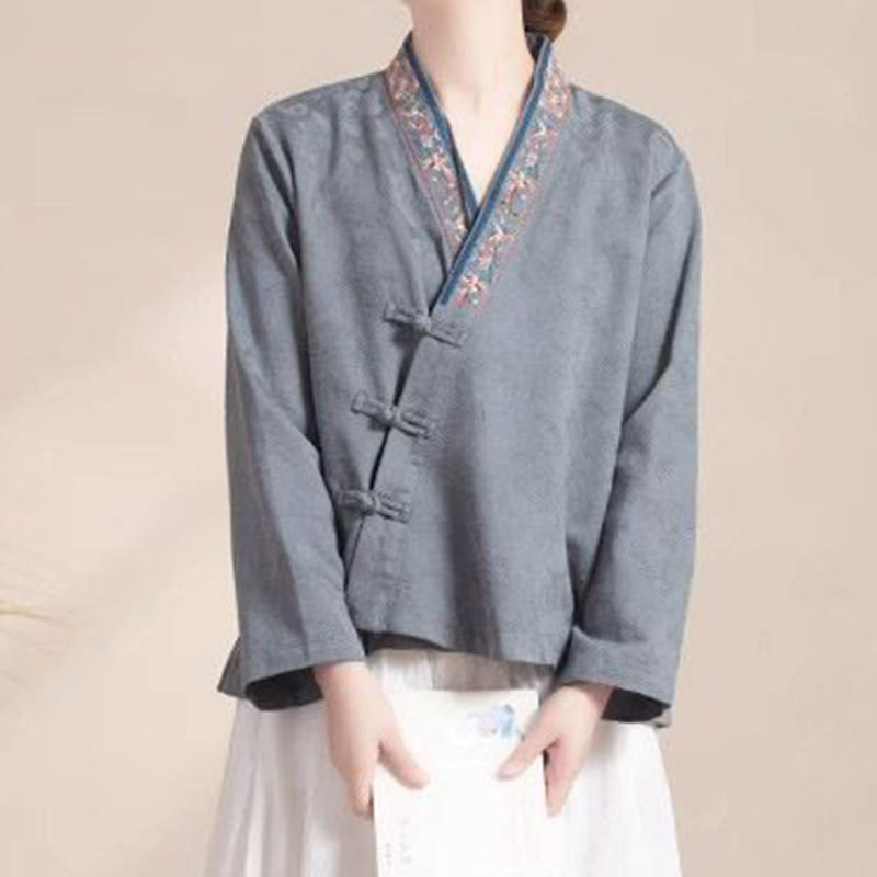 Buddha Stones Embroidered Flowers Grass Frog-Button Long Sleeve Cotton Women's Shirt