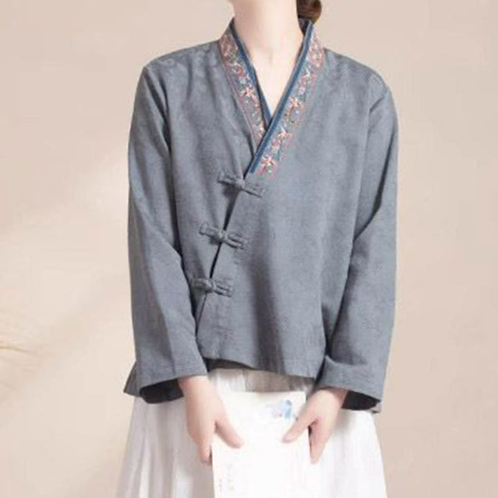 Buddha Stones Embroidered Flowers Grass Frog-Button Long Sleeve Cotton Women's Shirt