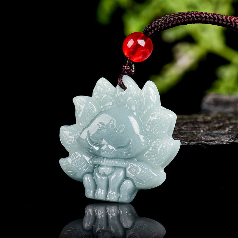 Buddha Stones Natural Green Jade Nine Tailed Fox Abundance Necklace Pendant