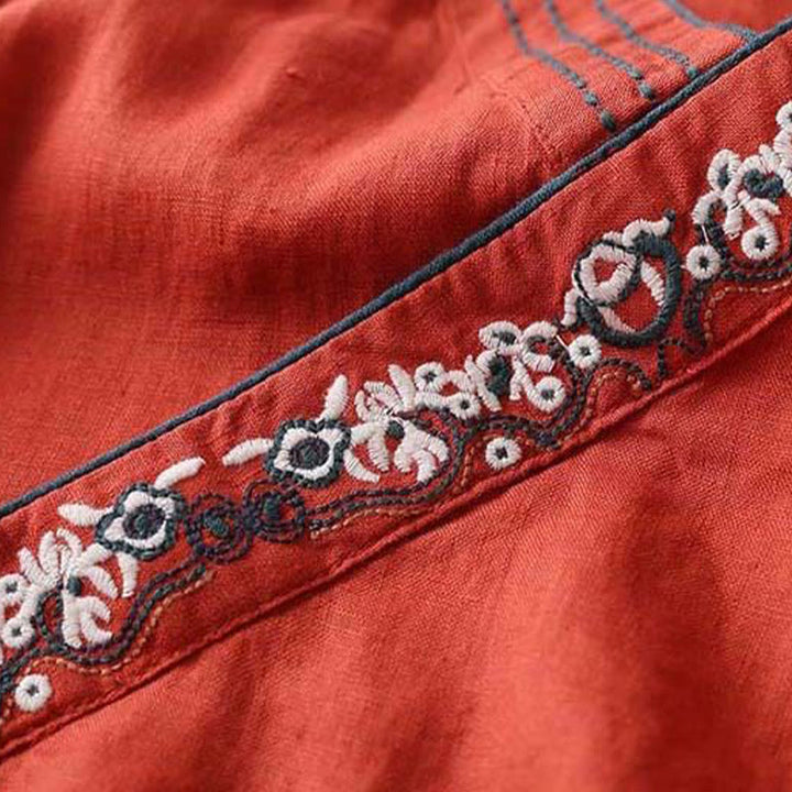 Buddha Stones Casual Embroidered Flowers Slant Collar Strap Long Sleeve Cotton Women's Shirt