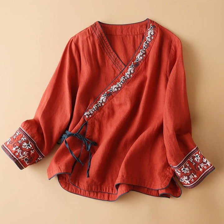 Buddha Stones Casual Embroidered Flowers Slant Collar Strap Long Sleeve Cotton Women's Shirt