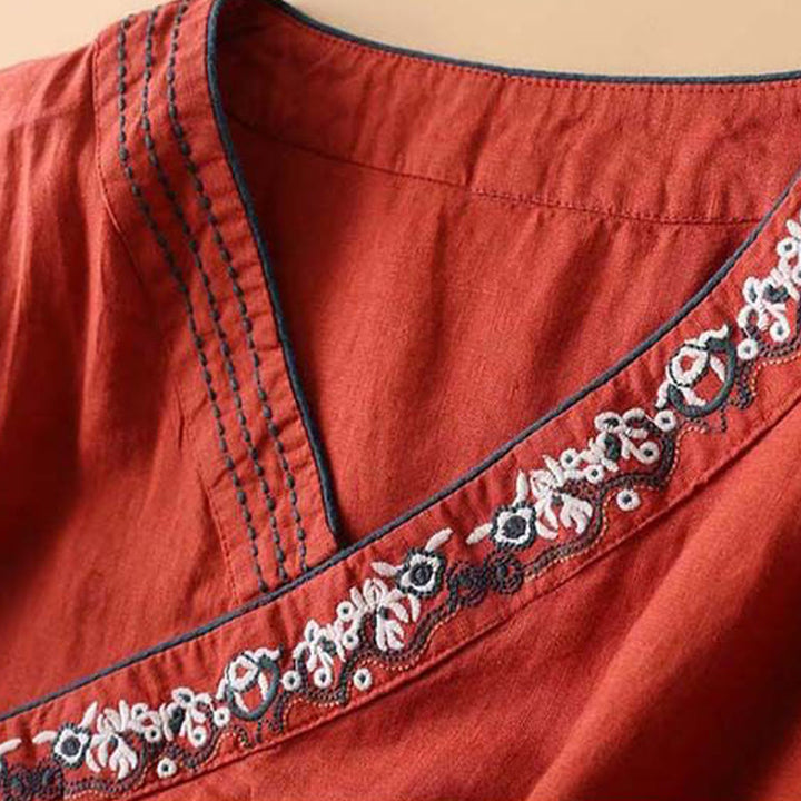Buddha Stones Casual Embroidered Flowers Slant Collar Strap Long Sleeve Cotton Women's Shirt