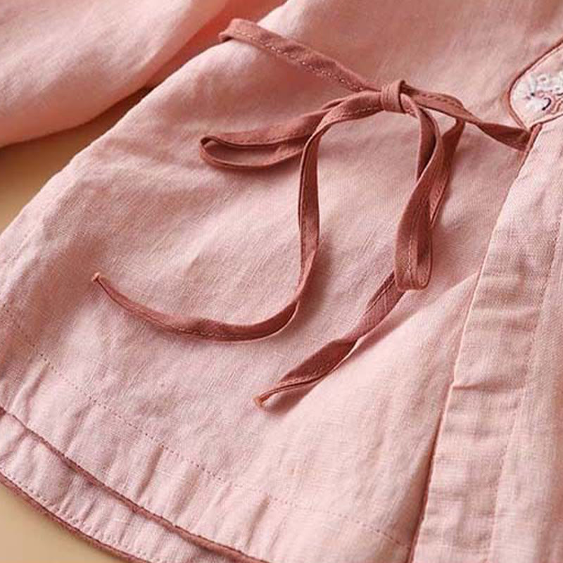 Buddha Stones Casual Embroidered Flowers Slant Collar Strap Long Sleeve Cotton Women's Shirt