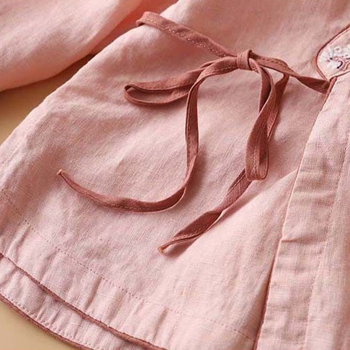 Buddha Stones Casual Embroidered Flowers Slant Collar Strap Long Sleeve Cotton Women's Shirt