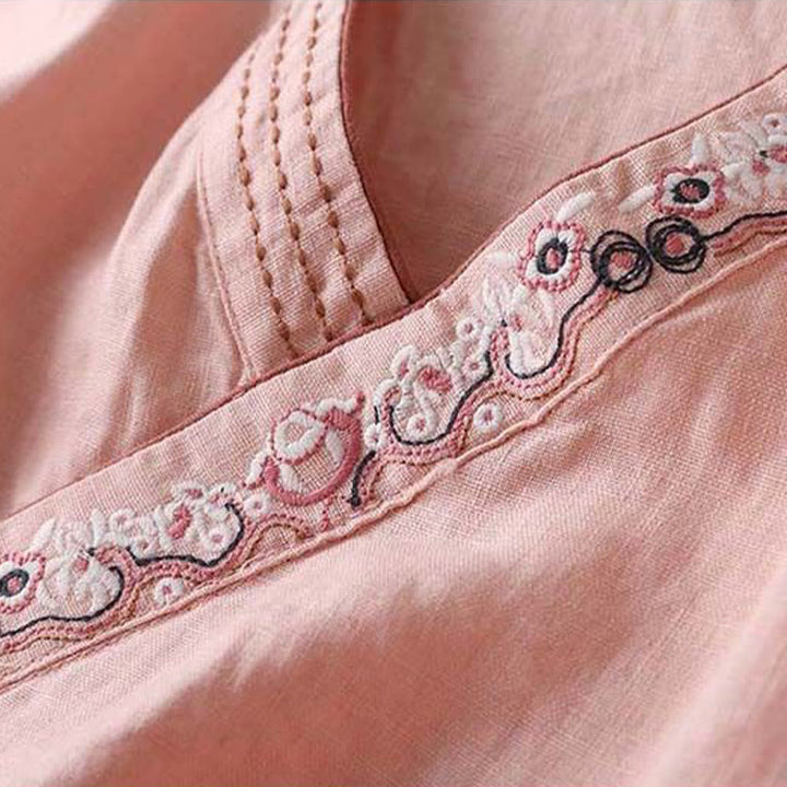Buddha Stones Casual Embroidered Flowers Slant Collar Strap Long Sleeve Cotton Women's Shirt