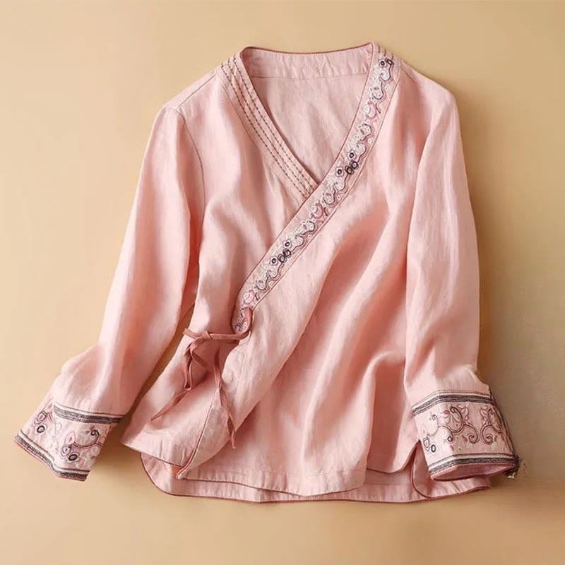 Buddha Stones Casual Embroidered Flowers Slant Collar Strap Long Sleeve Cotton Women's Shirt