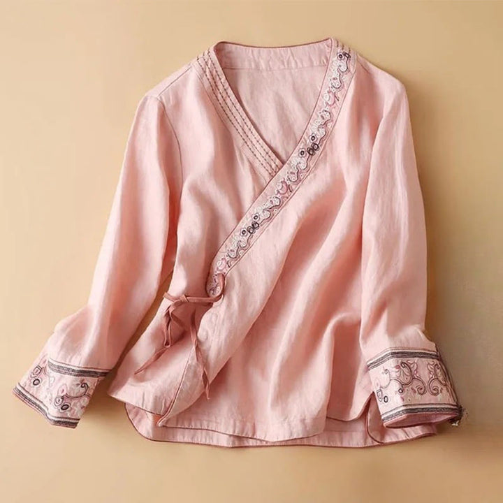 Buddha Stones Casual Embroidered Flowers Slant Collar Strap Long Sleeve Cotton Women's Shirt