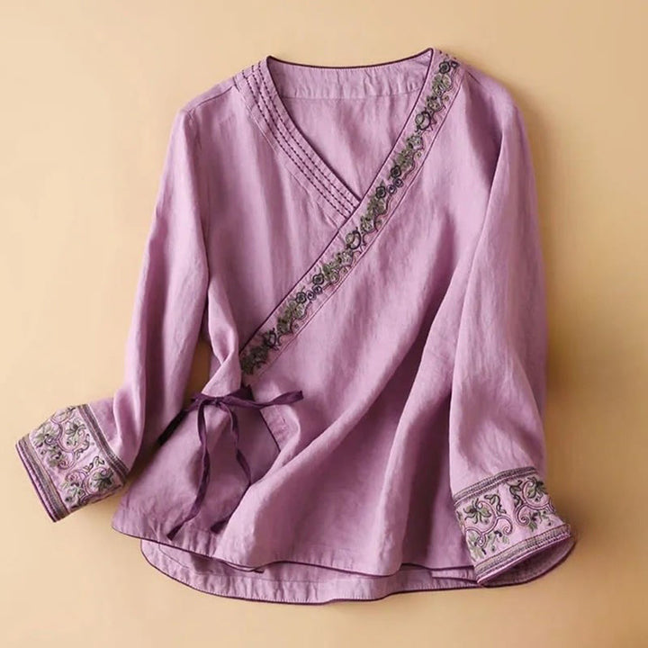 Buddha Stones Casual Embroidered Flowers Slant Collar Strap Long Sleeve Cotton Women's Shirt