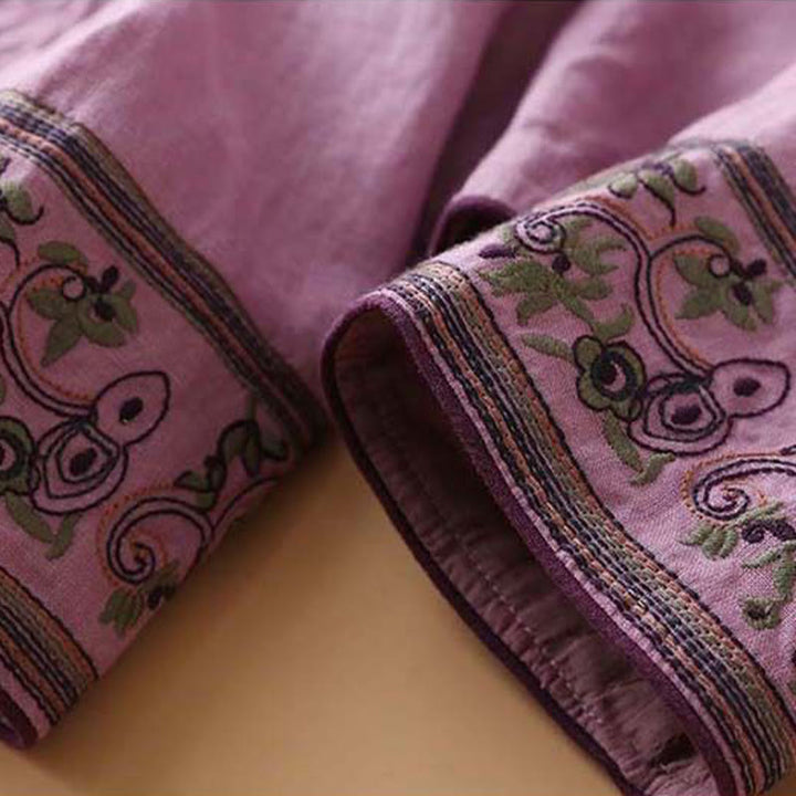 Buddha Stones Casual Embroidered Flowers Slant Collar Strap Long Sleeve Cotton Women's Shirt