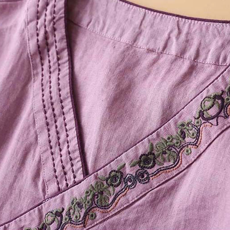 Buddha Stones Casual Embroidered Flowers Slant Collar Strap Long Sleeve Cotton Women's Shirt