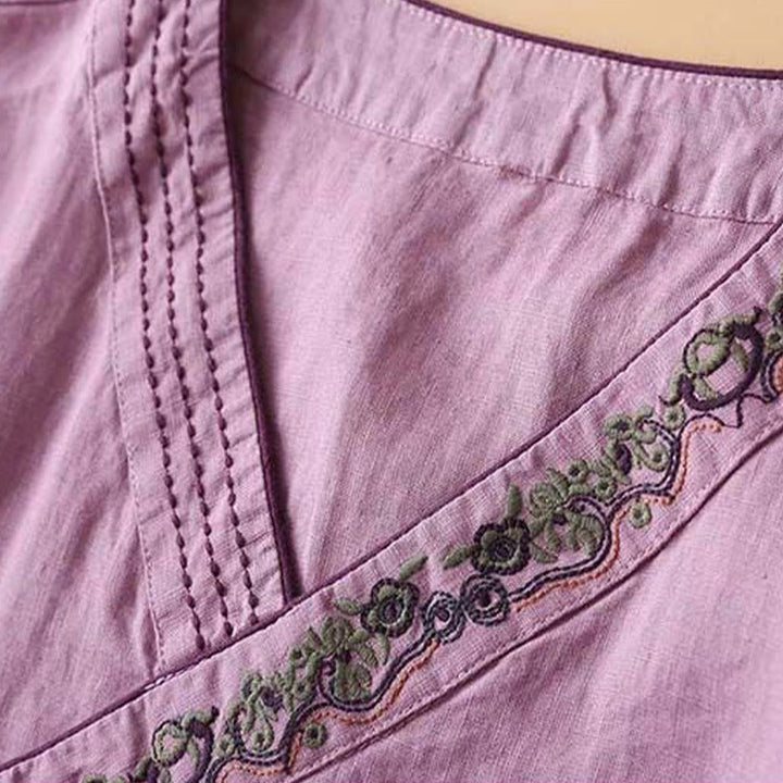 Buddha Stones Casual Embroidered Flowers Slant Collar Strap Long Sleeve Cotton Women's Shirt