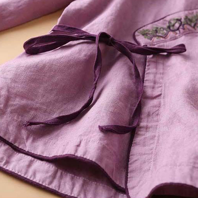 Buddha Stones Casual Embroidered Flowers Slant Collar Strap Long Sleeve Cotton Women's Shirt