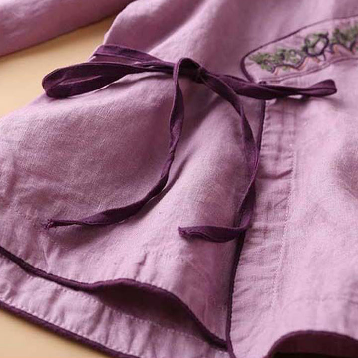 Buddha Stones Casual Embroidered Flowers Slant Collar Strap Long Sleeve Cotton Women's Shirt