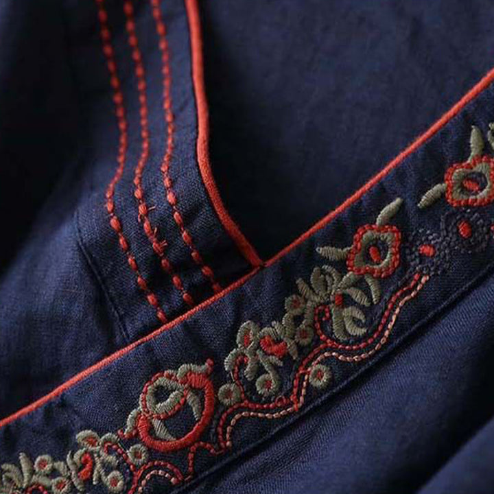Buddha Stones Casual Embroidered Flowers Slant Collar Strap Long Sleeve Cotton Women's Shirt