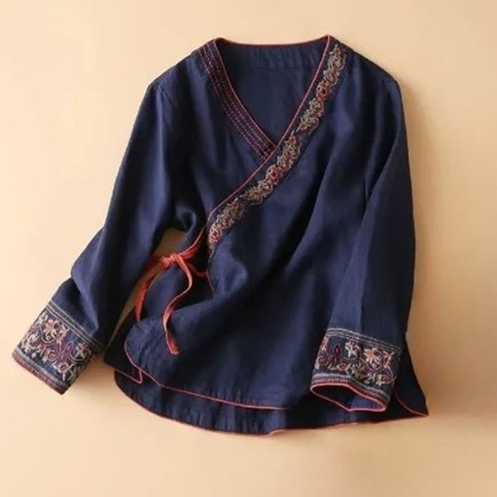 Buddha Stones Casual Embroidered Flowers Slant Collar Strap Long Sleeve Cotton Women's Shirt