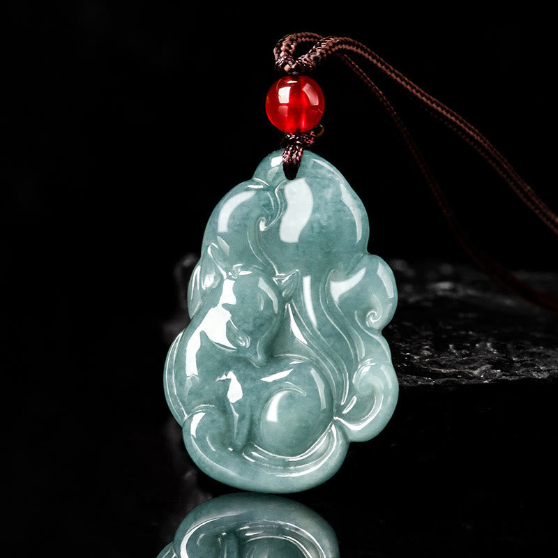 Buddha Stones Natural Green Jade Nine Tailed Fox Fairy Prosperity Necklace Pendant
