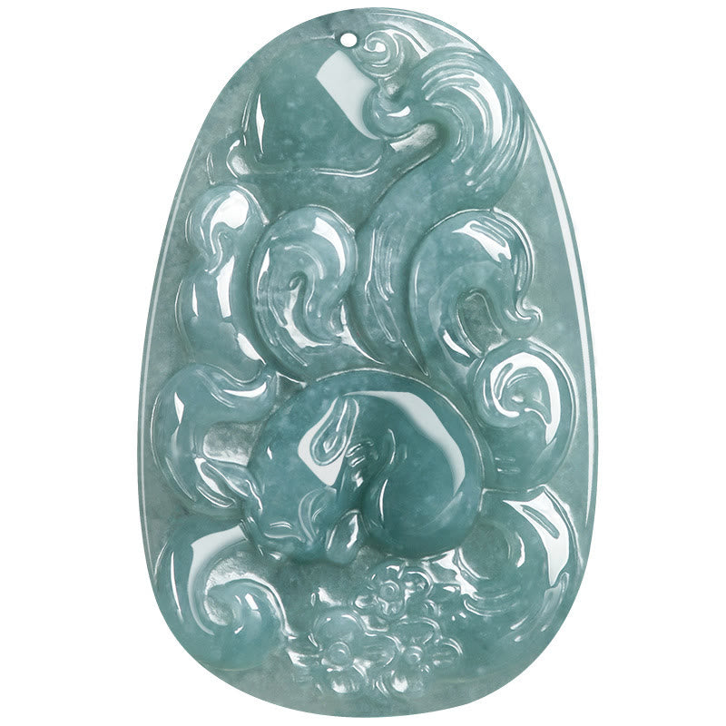 Buddha Stones Natural Green Jade Nine Tailed Fox Flowers Luck Necklace Pendant