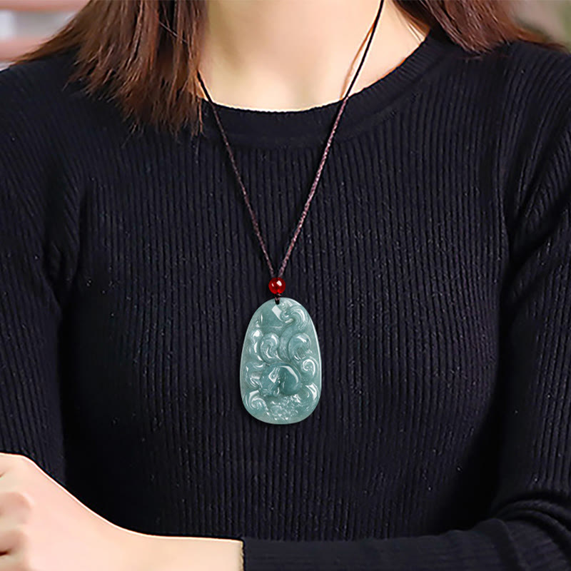 Buddha Stones Natural Green Jade Nine Tailed Fox Flowers Luck Necklace Pendant