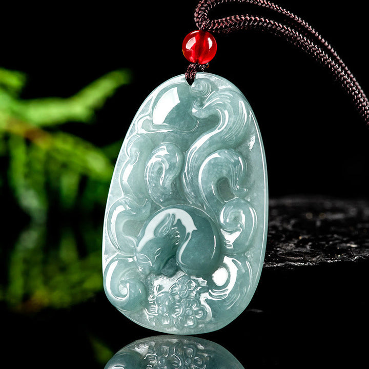 Buddha Stones Natural Green Jade Nine Tailed Fox Flowers Luck Necklace Pendant