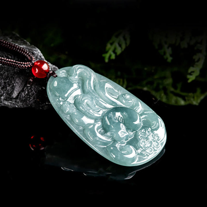 Buddha Stones Natural Green Jade Nine Tailed Fox Flowers Luck Necklace Pendant